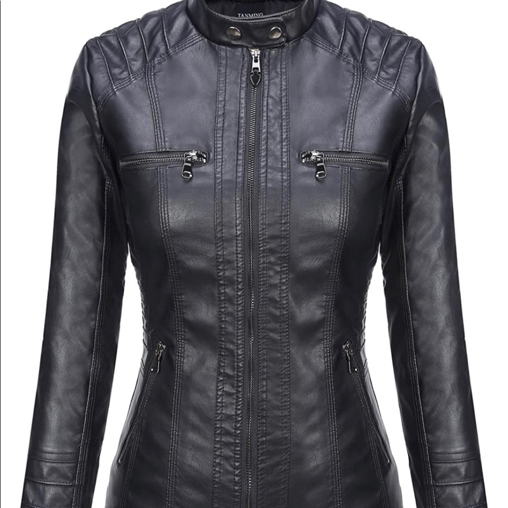 NWT faux leather moto jacket with removable hood. XL purchased but never worn.